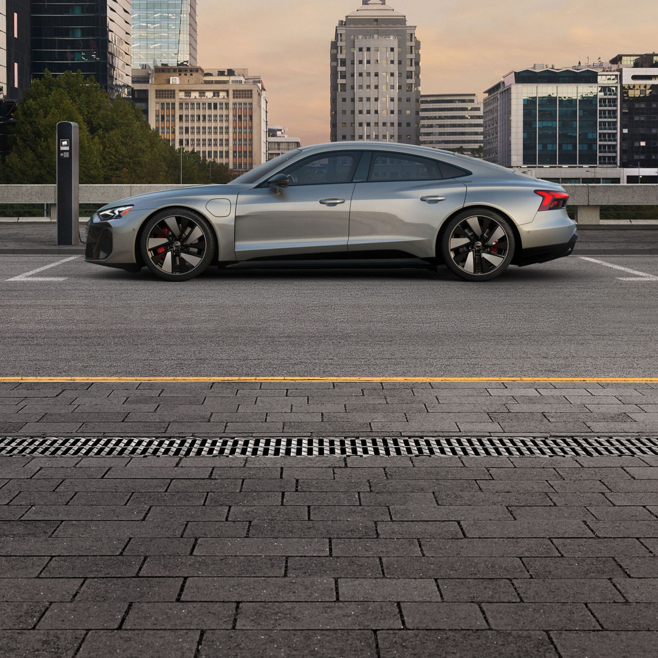 Side view of the Audi S e-tron GT parked. 