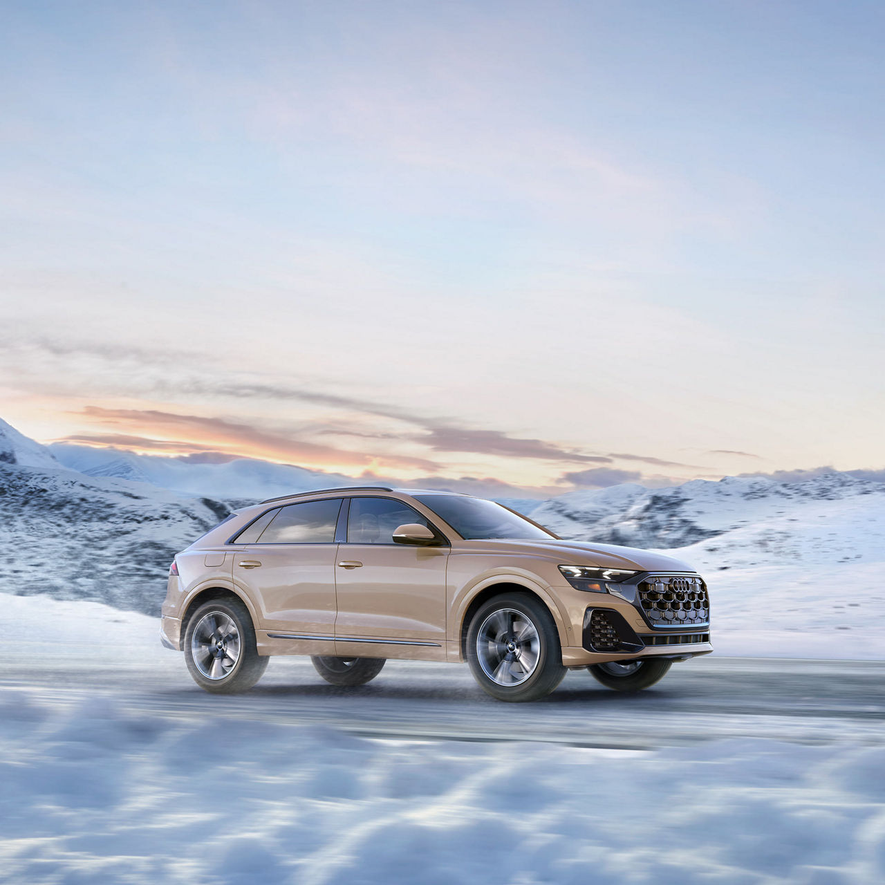 Three-quarter front view of a grey Audi e-tron GT parked with a futuristic city in the background.