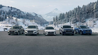 A woman gets into an Audi driving experience vehicle. The instructor stands next to the vehicle on the passenger side.