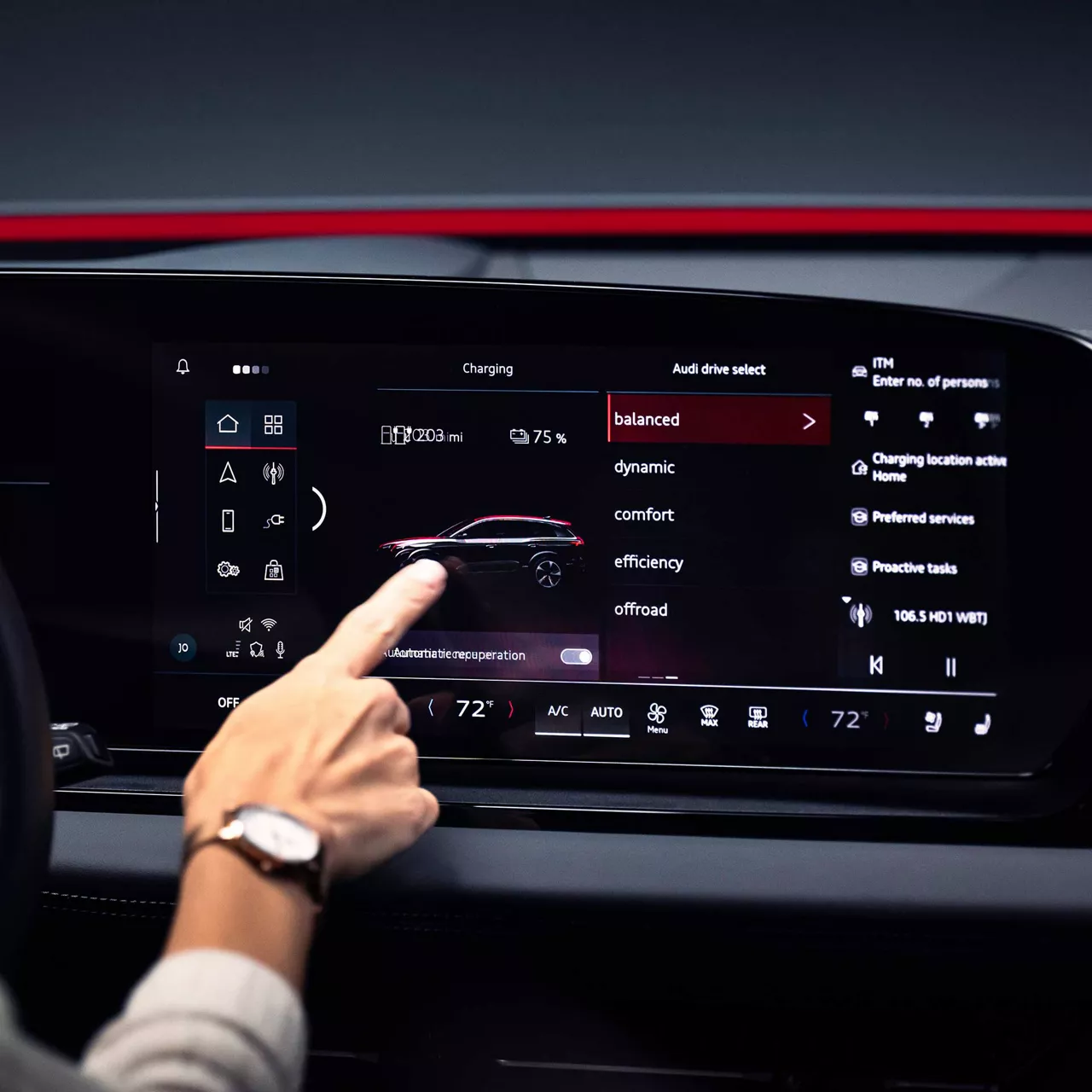 Close-up of the range forecasting interface on the MMI screen of an Audi e-tron vehicle. 