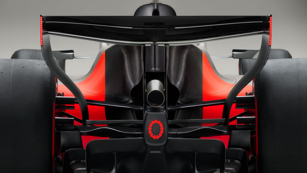 Rear close-up of the Audi R26 Concept’s rear wing and exhaust.