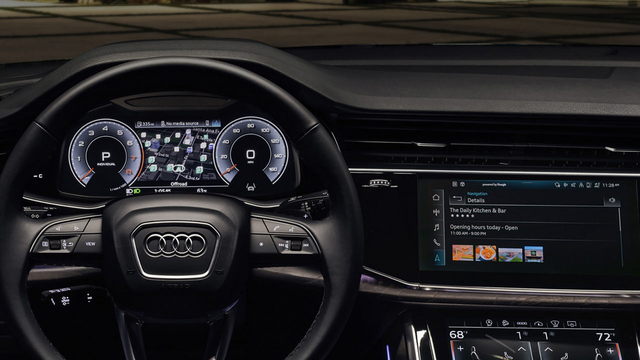 Close-up view of the Audi virtual cockpit and MMI display. 