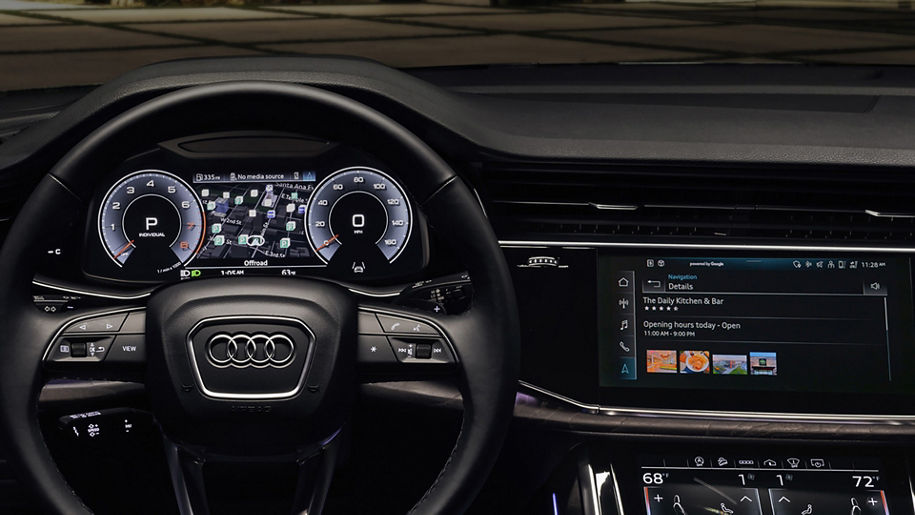 Close-up view of the Audi virtual cockpit and MMI display. 