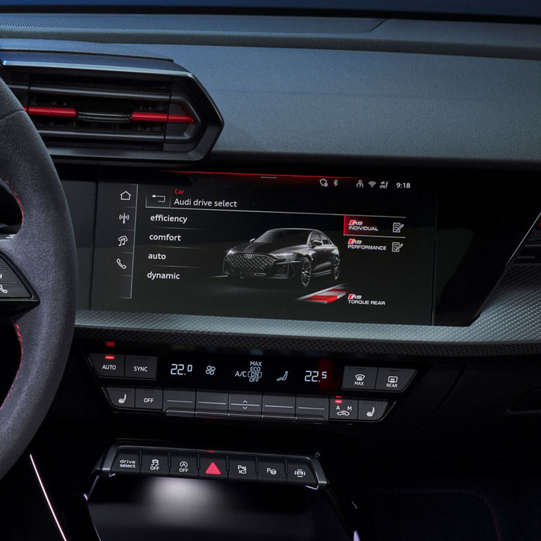 Close-up of the Audi drive select menu on the MMI display in the Audi RS 3. 