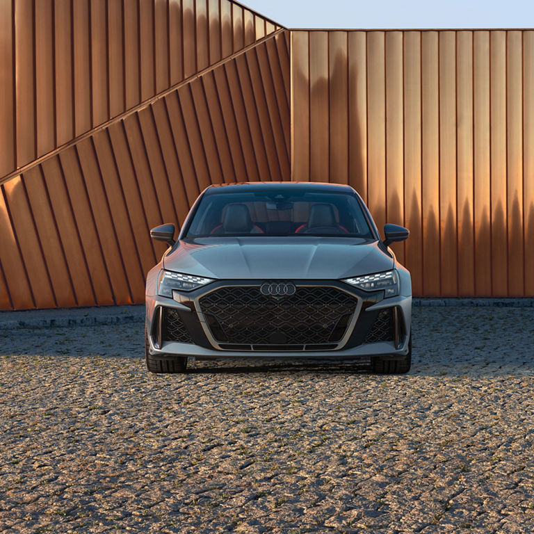 Front view of the Audi RS3 parked. 