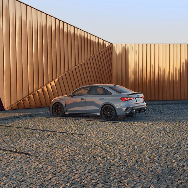 Three-quarter side view of the Audi RS 3. 