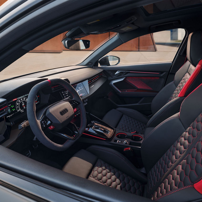 Close-up of the front cockpit in the Audi RS 3. 