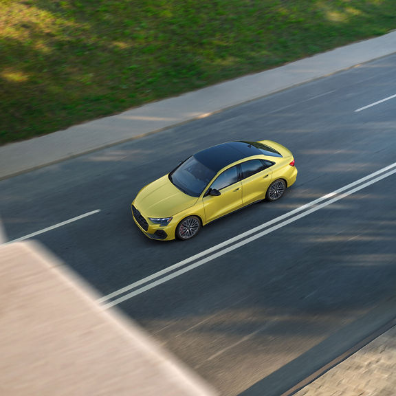 Aerial view of the Audi S3 in motion.