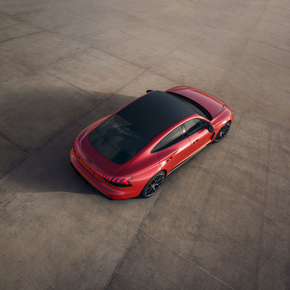 Aerial view of the Audi RS e-tron GT, showing the carbon fiber roof.