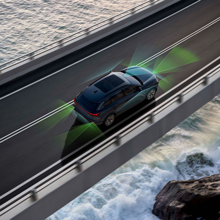 Illustration demonstrating the Audi pre sense feature available in the Audi Q6 e-tron.