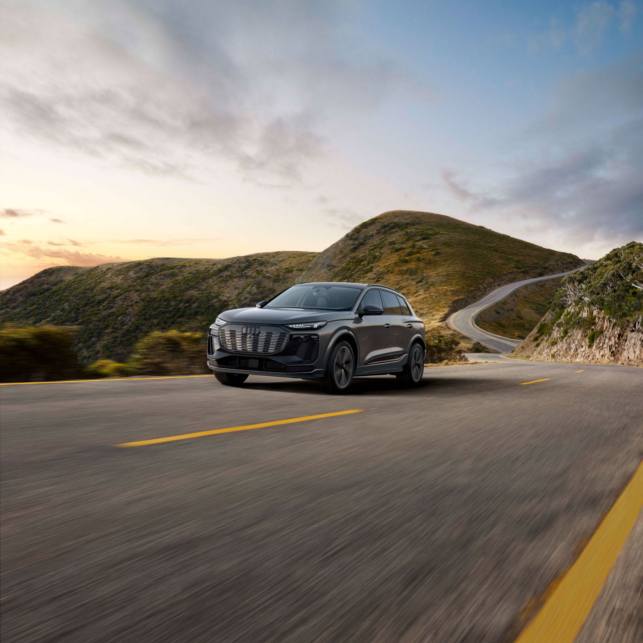 Front view of a black Audi Q6 Sportback e-tron.