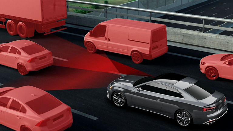 Illustration demonstrating the adaptive cruise control feature available in the Audi A5.