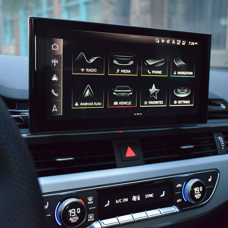 Close-up of the MMI touch display system in the Audi A5 Sportback.