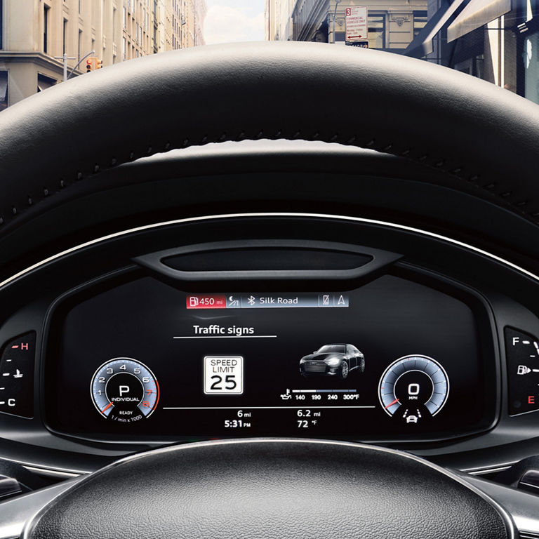 View of the Audi virtual cockpit in the Audi A6 Sedan.