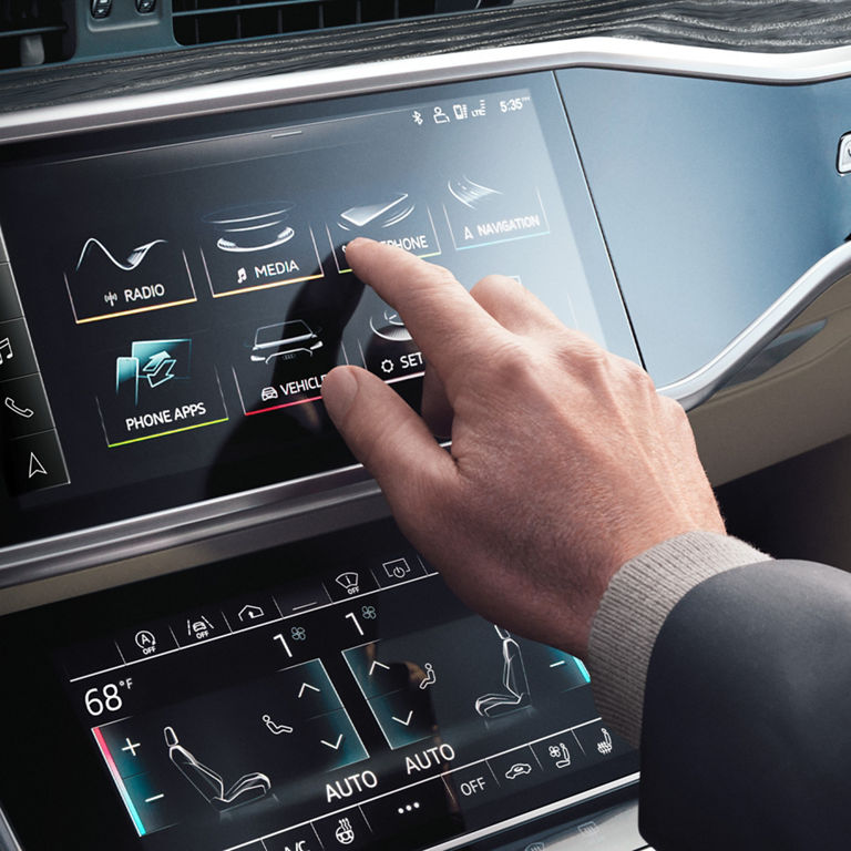 Close-up of the MMI touch display system in the Audi A6 Sedan.