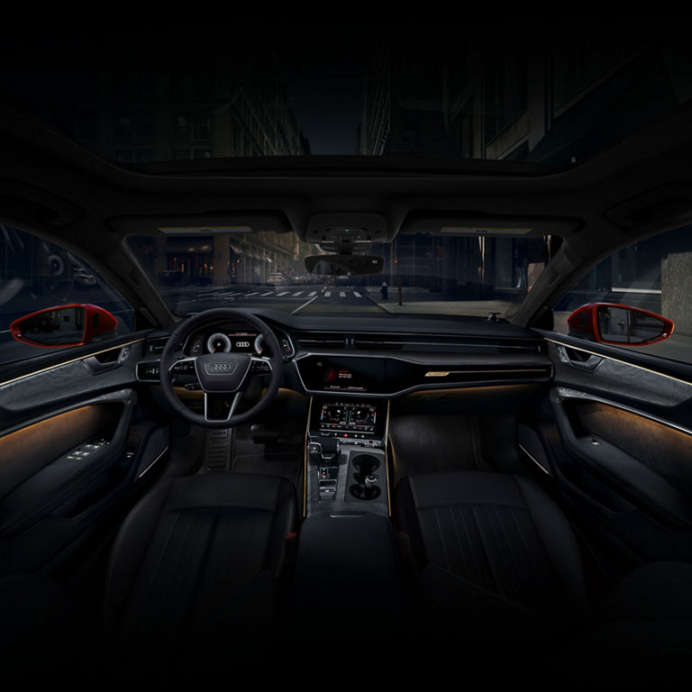 Interior view of the cabin of the Audi A7 with multicolor lighting.