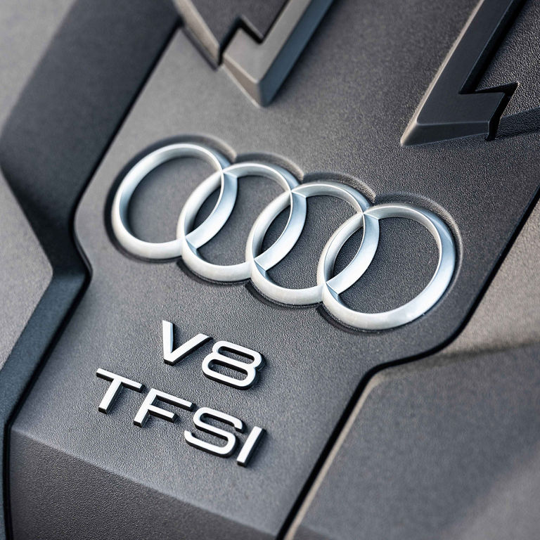 Close-up of the engine of the Audi S8. 