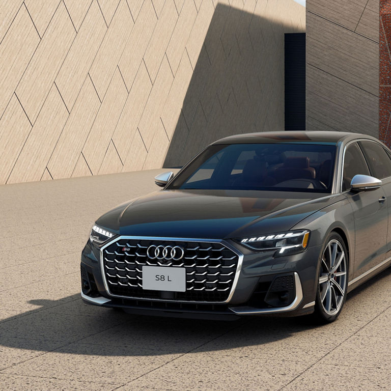 Three-quarter front view of the Audi S8.