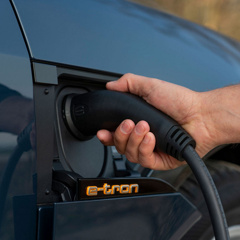 Close-up the charging port of the Audi e-tron Sportback.