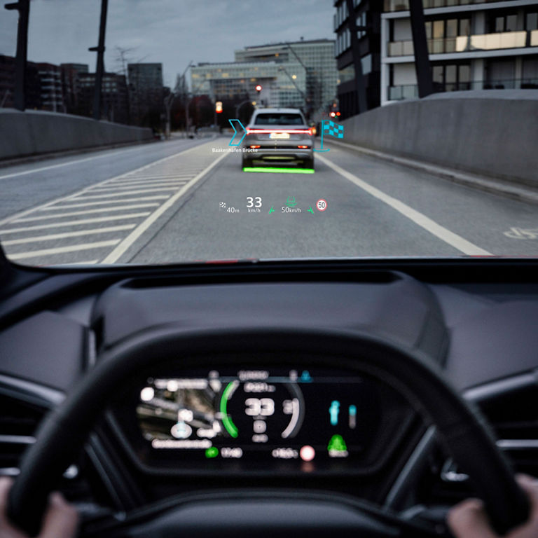 Augmented reality head-up display in driver side line-of-sight in the Audi Q4 e-tron.