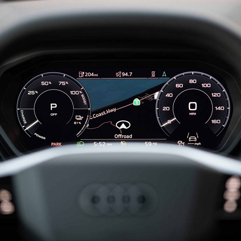 Close up of the virtual cockpit in the Audi Q4 e-tron. 