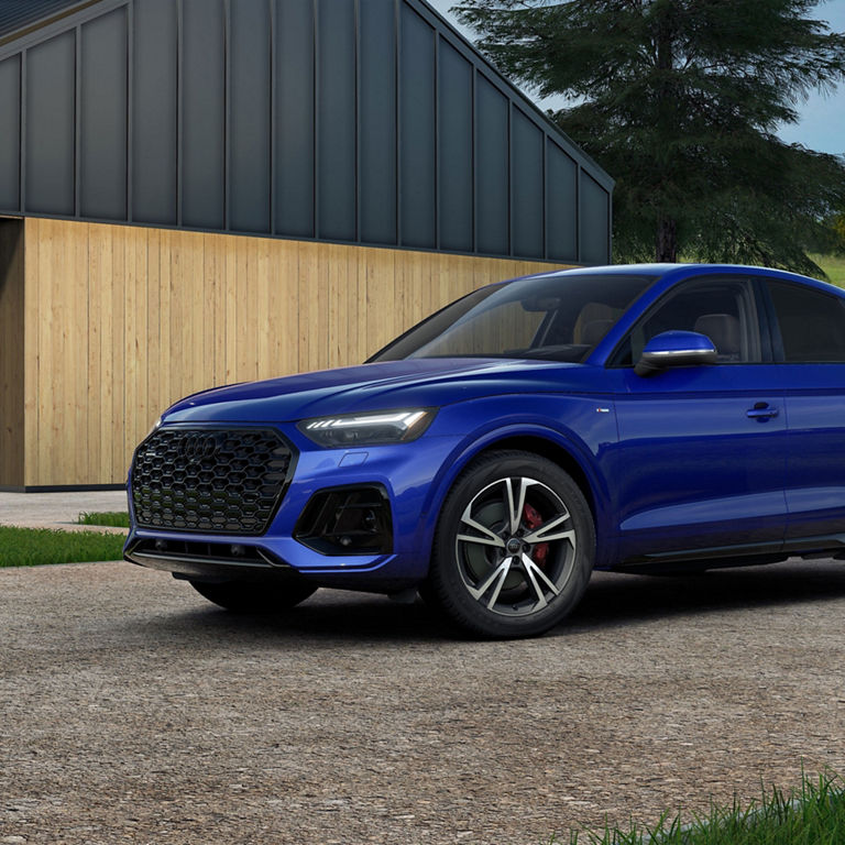 Side profile of a blue Audi Q5 Sportback parked.