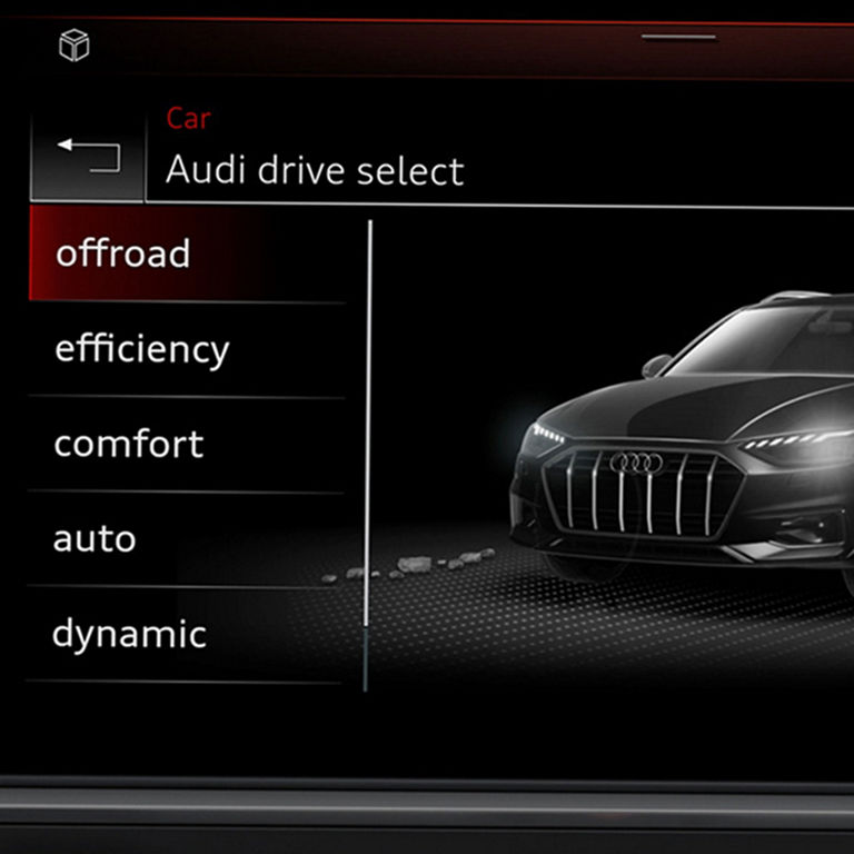 Close-up of the drive select menu on the MMI screen in the Audi Q5 PHEV. 