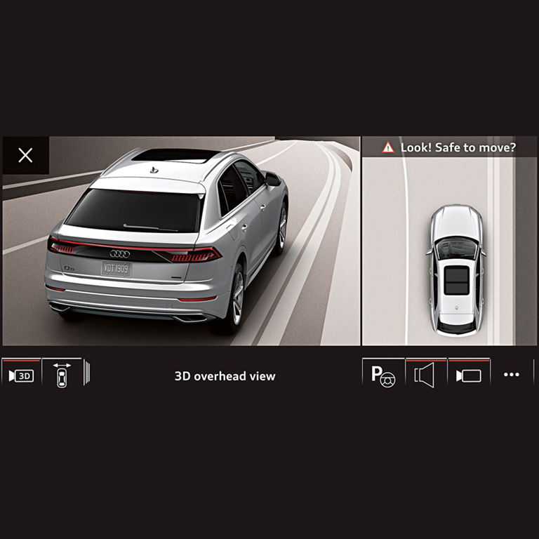 Gros plan de la caméra de vue en plan de l’Audi Q8. 