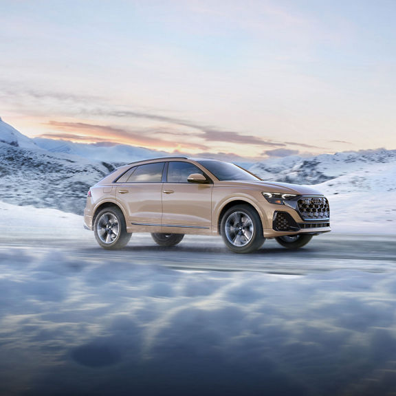 Side view of the Audi Q8 accelerating in a wintery landscape.