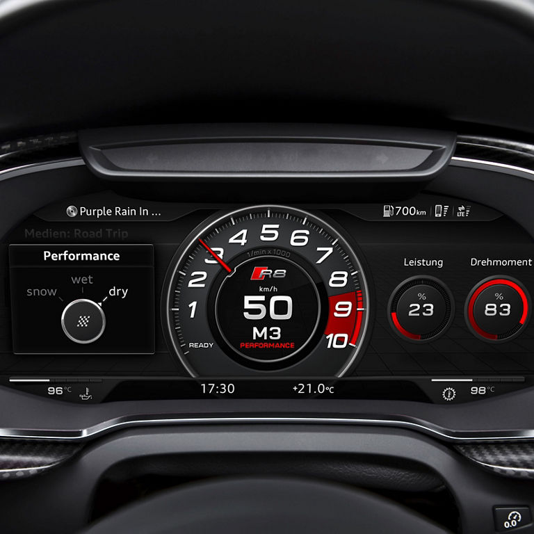  Close-up of the Audi virtual cockpit displaying Sport mode in the Audi R8 Coupé.