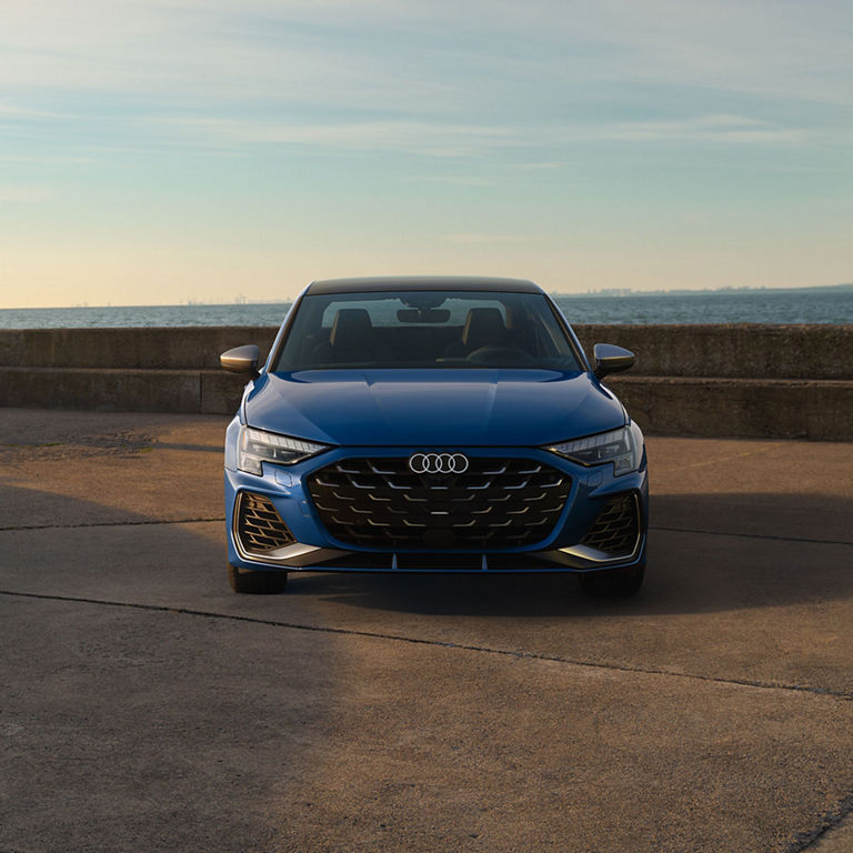 Close-up of the front end of the Audi S3 featuring Matrix-design LED headlights. 