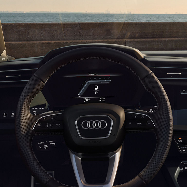 Close-up of the Audi virtual cockpit and steering wheel in the Audi S3. 