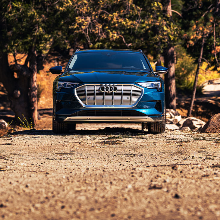 Front profile of the Audi e-tron parked. 