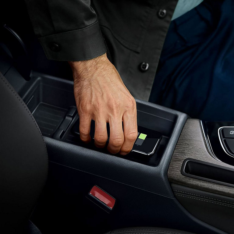 Close-up of the phone box inside the Audi A8. 