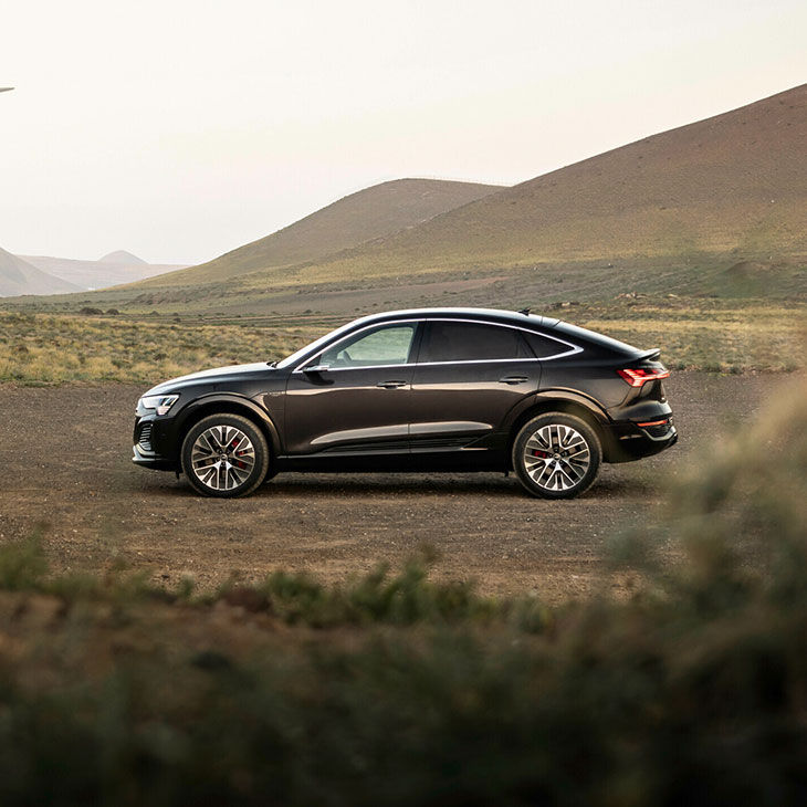 Side profile of a black Audi Q8 Sportback e-tron parked in front of grass-covered hills. 