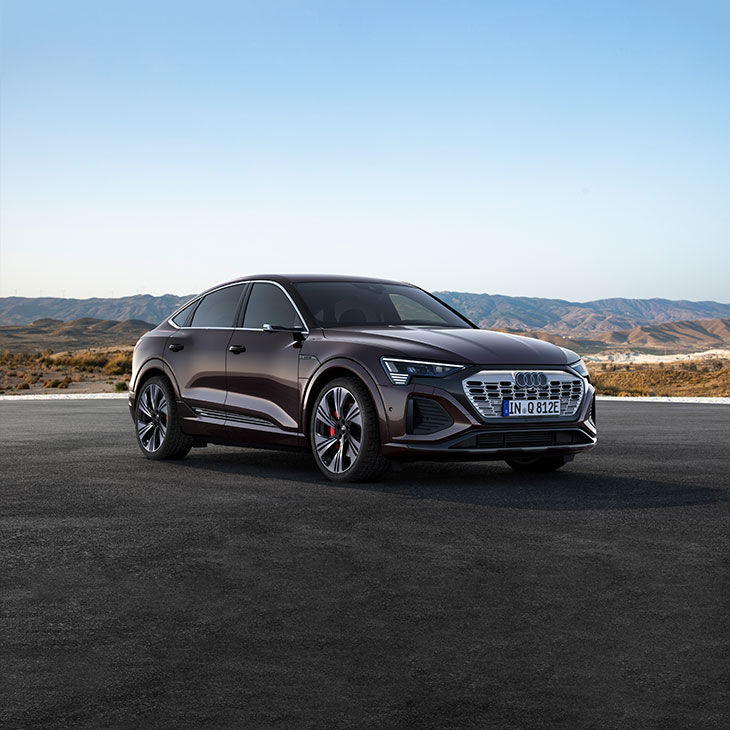 Three-quarter front view of a black Audi Q8 Sportback e-tron parked in front of an arid mountain range. 