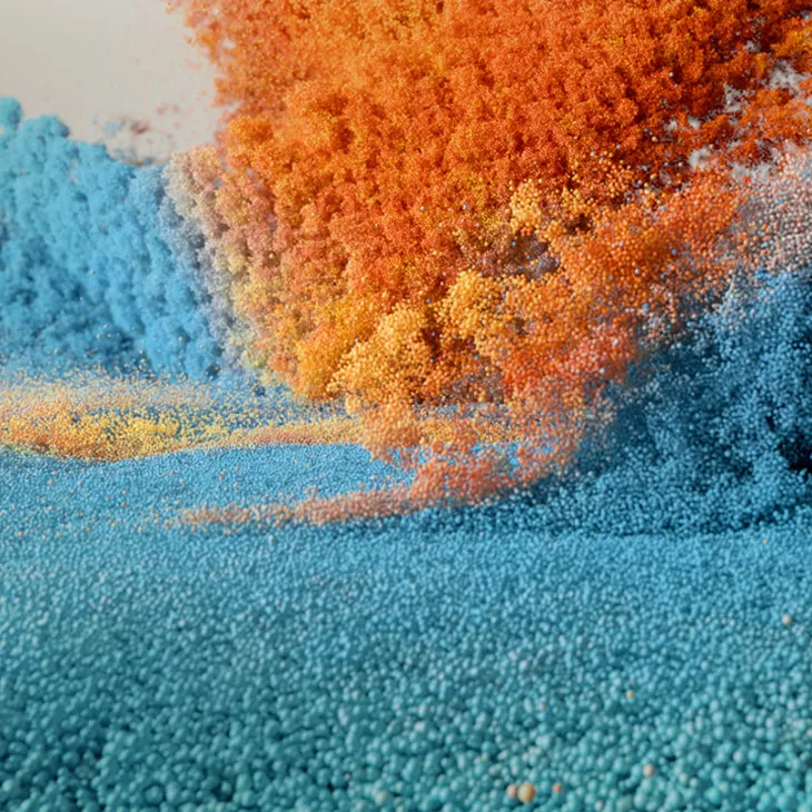 A 3D render of an explosion of blue and orange particles. 