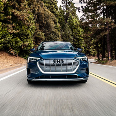 A close-up photo of the signature Audi e-tron front grille as the vehicle drives down a highway lines with fir trees.