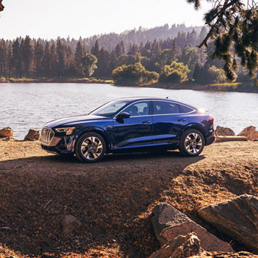 A mid-shot photo of an Audi e-tron parked next to a lake surrounded by fir trees.