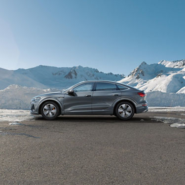 A wide-shot photo of an Audi e-tron parked against a background of snowy mountains.