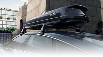 Close-up on a ski box attached to the roof of an Audi vehicle.