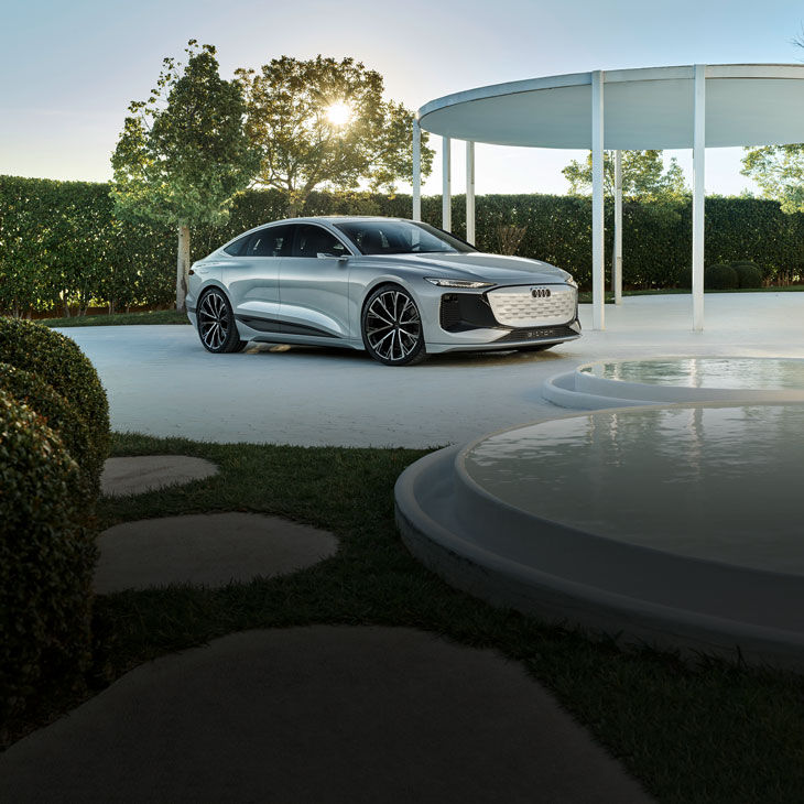 Three-quarter front-view of the Audi A6 e-tron concept vehicle parked. 