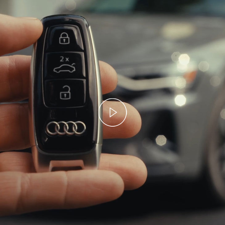 Close-up of a key fob to an Audi vehicle. 