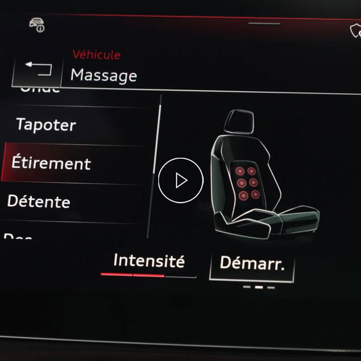 Gros plan sur les options de massage pour les sièges présentées sur le système MMI Audi.