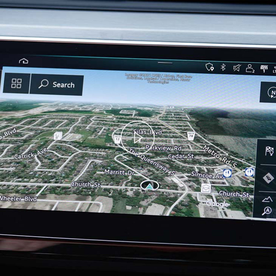 Close-up photo of the Navigation screen on the Audi MMI display inside an Audi vehicle.