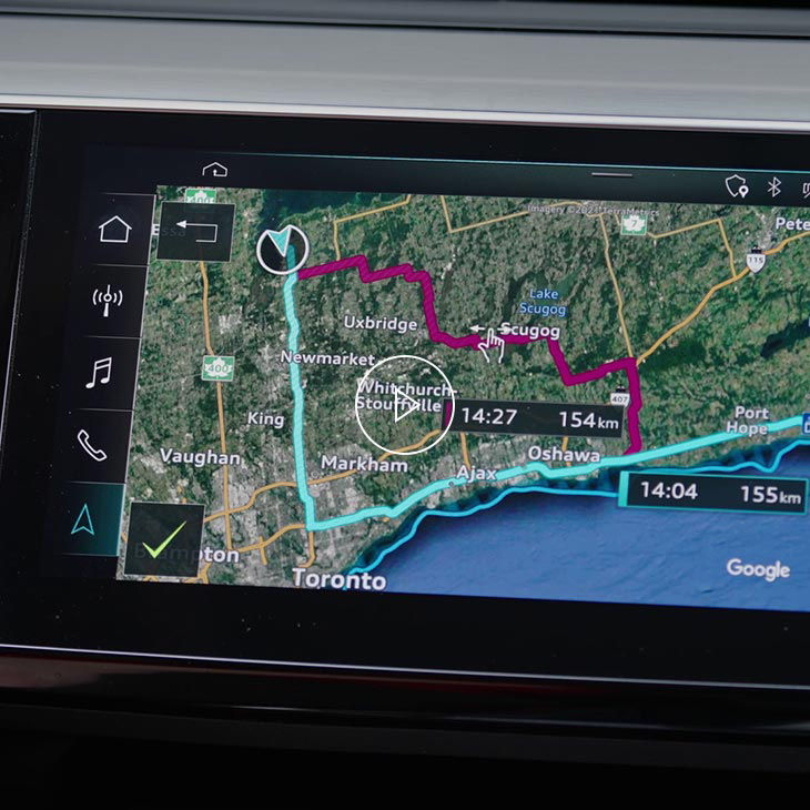  Gros plan du planificateur d’itinéraires dans l’interface multimédia Audi. 