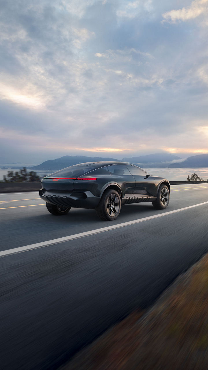 Rear view, photographed at a slight angle, of the Audi urbansphere concept.