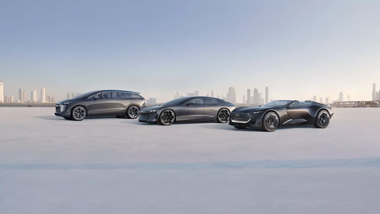 Side view of three Audi Sphere concept cars. 