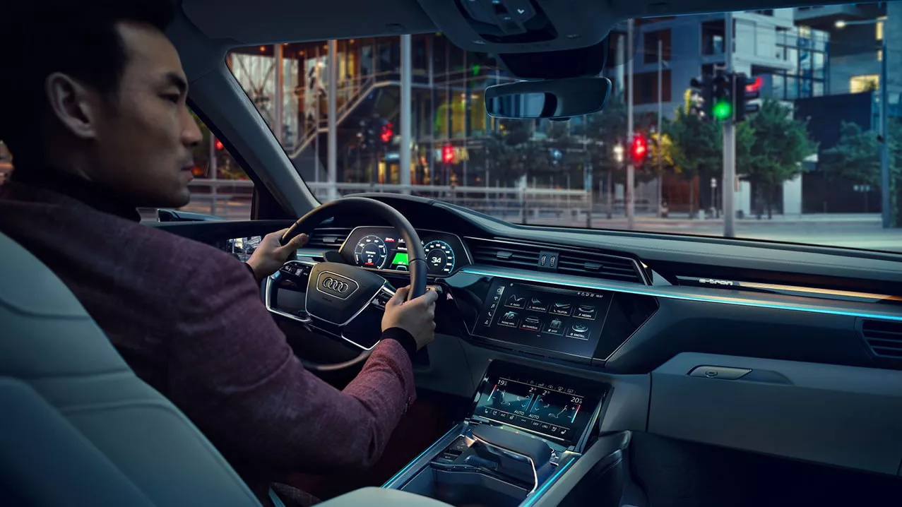 View of driver inside the Audi e-tron® cockpit.