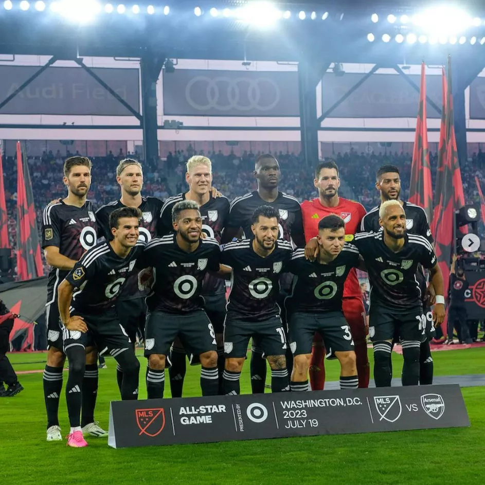  The MLS All-Stars soccer team posing for a group photo.